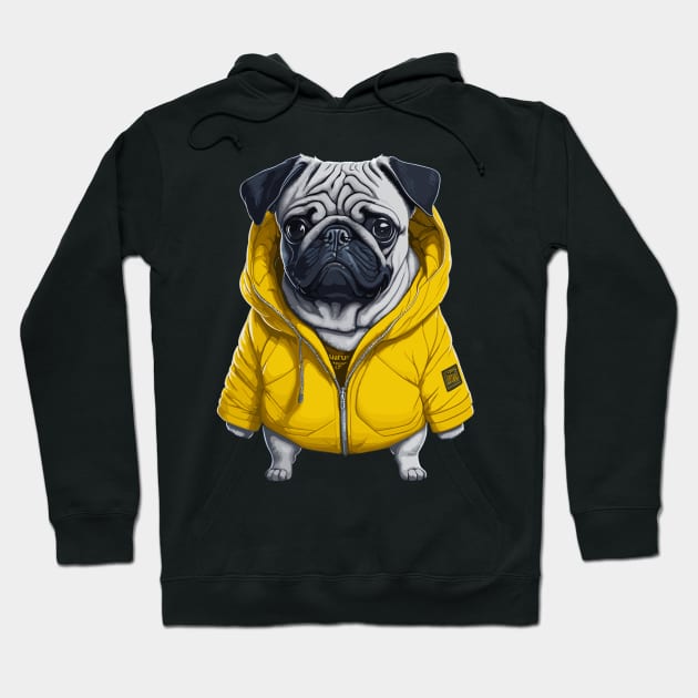 Funny Pug Dog Wearing a Yellow Jacket Hoodie by StarMa